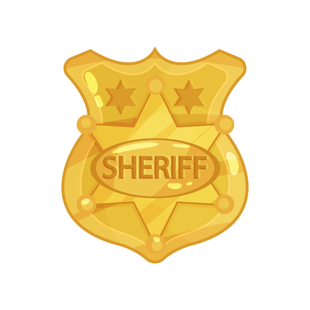 Golden cop  badge with stars and engraved word sheriff. Cartoon vector illustration in flat style.のイラスト素材