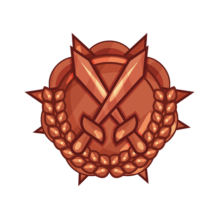 Cartoon bronze medal of military merit with crossed swords and laurel wreath isolated on whiteのイラスト素材