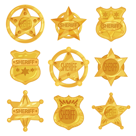 Collection of different sheriff s golden badges in modern flat design. Police emblems in star and circle shapes.のイラスト素材