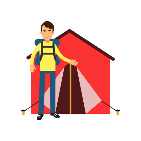 Smiling man tourist standing near red tent with backpack on his shoulders. Camping and outdoor recreation conceptのイラスト素材