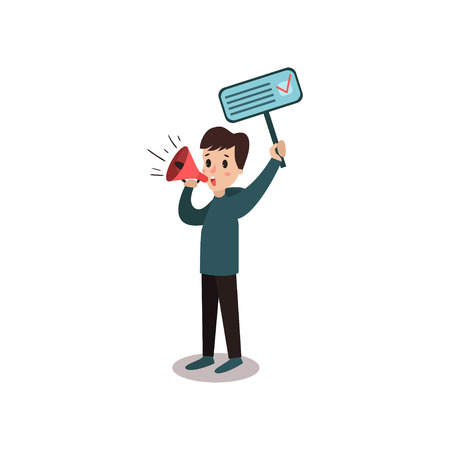 Man character holding placard election voting and megaphone, political agitation campaign vector Illustrationのイラスト素材
