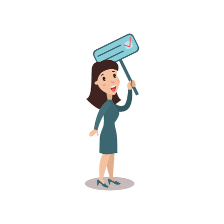 Young woman character holding placard election voting, political agitation campaign vector Illustrationのイラスト素材