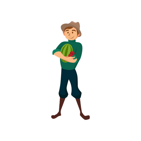 Male farmer with watermelon, gardener at work cartoon vector Illustrationのイラスト素材
