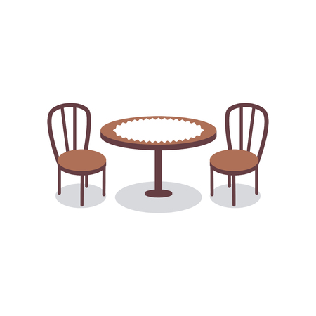 Cartoon table covered with white cloth for two people and wooden chairs icons. Furniture for dining room or cafe interior scene design. Vector illustrationのイラスト素材