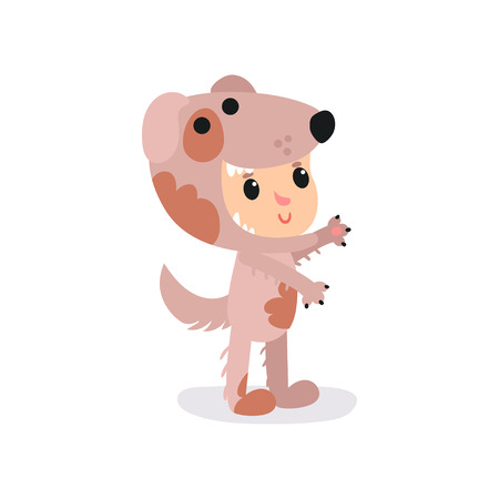 Boy or girl character in adorable brown puppy costume standing isolated on white. Cartoon cute child in funny animal suit. Flat vector design for book illustration, poster, getting card or sticker.のイラスト素材