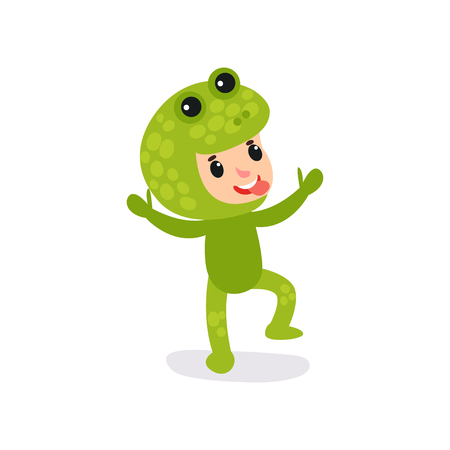 Joyful little kid having fun in green frog jumpsuit. Cartoon child cheerful face expression showing shows tongue. Boy or girl wearing animal costume. Flat vector designのイラスト素材