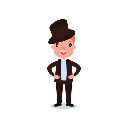 Handsome red-haired kid with freckles in elegant brown suit and top hat. Cartoon boy character standing with arms akimbo on white background.のイラスト素材