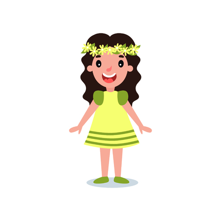 Funny little girl dressed in yellow dress with green stripes. Cartoon child character with flower wreath on head. Spring fashion clothes.のイラスト素材