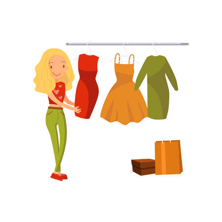 Woman choosing dress during shopping, girl buying clothing in a mall cartoon vector illustrationのイラスト素材
