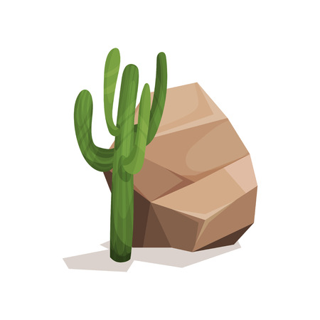 Brown rock stone and cactus, landscape design element vector Illustrationのイラスト素材