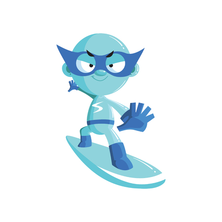 Superhero kid character in a blue costume and mask riding on a snowboard cartoon vector Illustrationのイラスト素材