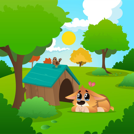 Lonely corgi with tears on eyes lies near wooden house. Summer nature landscape with blue sky, white clouds, grass, trees, and bushes with green foliages. Flat vectorのイラスト素材