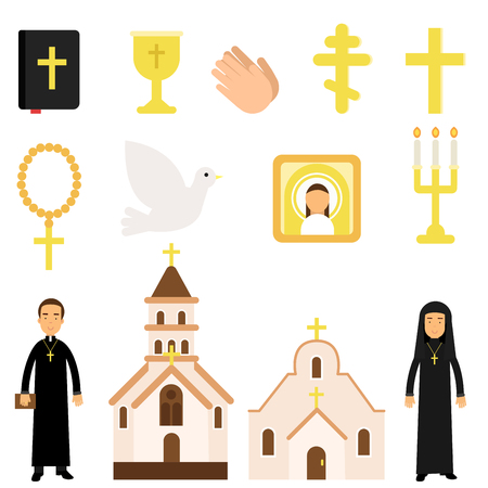Collection of religious symbols and objects in flat style. Bible icon, crosses, candles, dove, church attendants, temples. Cartoon vector illustrationのイラスト素材