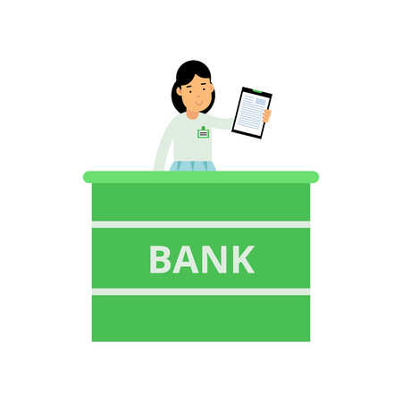 Professional banking worker standing behind reception desk. Cartoon woman character holding clipboard with form in hand. Isolated flat vector designのイラスト素材