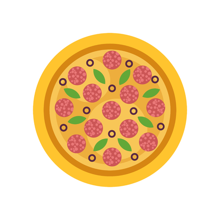 Round pizza with pepperoni, olives and green basil leaves. Traditional Italian cuisine. Cartoon vector illustration isolated on white background. Street food element for mobile app or cafe menu.のイラスト素材