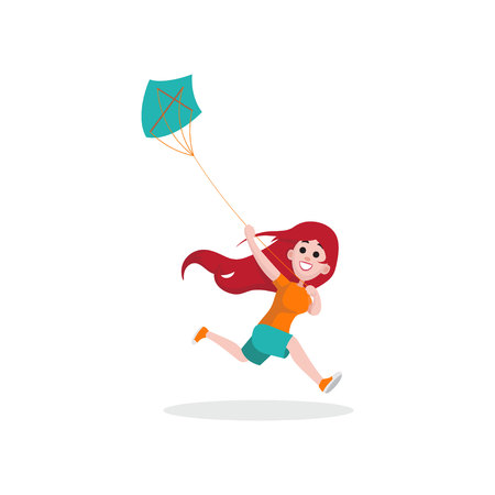 Happy kid girl character running with blue kite. Young girl having fun outdoors. Summer or spring children activities. Family recreation. Vector flat style cartoon illustration isolated on white.のイラスト素材
