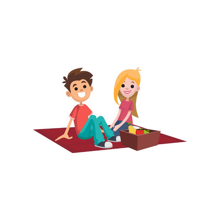 Couple at picnic spending time together outdoors. Couple sitting on plaid with food. Young boy and girl on date. Summer or spring activity. Vector cartoon flat characters isolated on white background.のイラスト素材