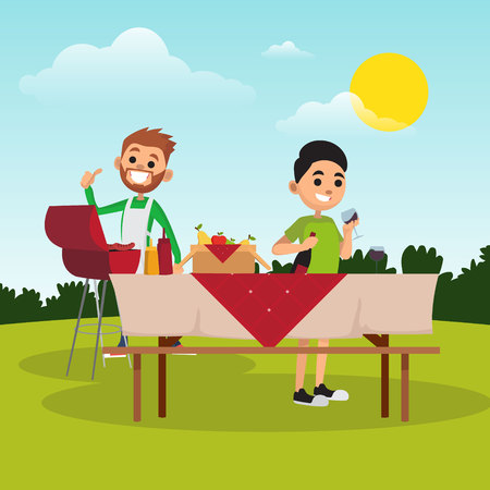 Father and son preparing for barbecue summer party in park. Dad fries sausages on grill. Boy fills glass with wine. Cartoon people characters. Family recreation in open air. Flat vector illustration.のイラスト素材