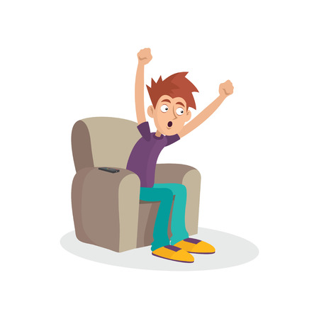 Teenager boy sitting on armchair watching television. TV addiction. Mass media dependency. Cartoon male character showing joyful face expression. Vector illustration in flat style isolated on white.のイラスト素材