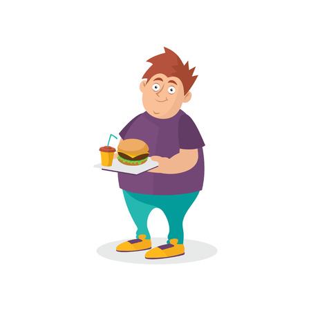 Young fat guy holding hamburger and sweet drink on tray. Fast food addiction. Cartoon man character in t-shirt and jeans. Unhealthy lifestyle illustration.のイラスト素材