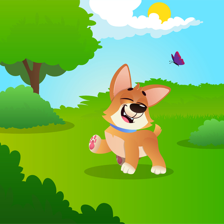 Funny little corgi walking by green meadow in park. Sunny summer day. Nature landscape with trees, bushes, blue sky, white clouds, flying butterfly. Flat vector designのイラスト素材