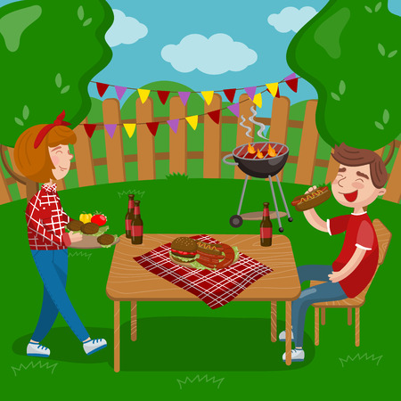 Young people cooking and eating bbq while sitting in the garden, barbecue party in holiday cartoon vector Illustrations on a white backgroundのイラスト素材