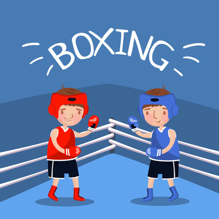 Two boy boxers fighting with gloves at the court, kids sport banner, vector Illustration, cartoon styleのイラスト素材