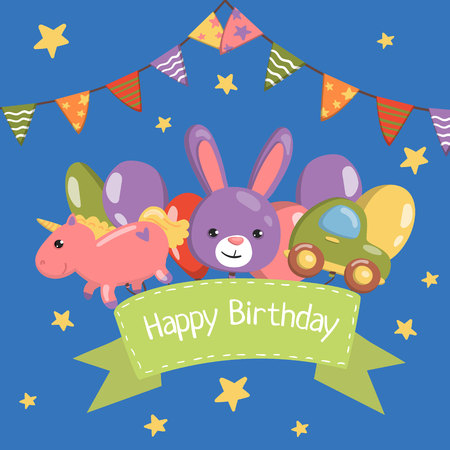 Happy Birthday banner, birthday party card with cute animals, vector Illustration, cartoon styleのイラスト素材