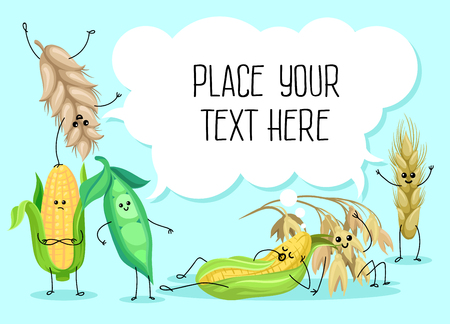 Cute wheat stem, bean, peas and corn characters, cereals, legumes and white speech bubble with place for your text vector Illustration.のイラスト素材