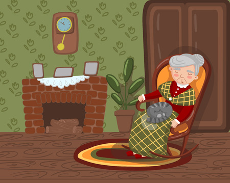 Grandma sleeping in cozy chair with cat on her knees, senior woman in living room, colorful vector illustration.のイラスト素材