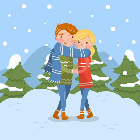 Happy couple in love, romantic man and woman characters in winter season vector illustration, colorful design element for poster or banner.のイラスト素材