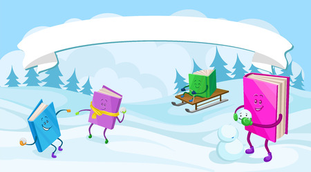 Humanized books characters with smiling faces having fun in winter holidays vector illustration.のイラスト素材