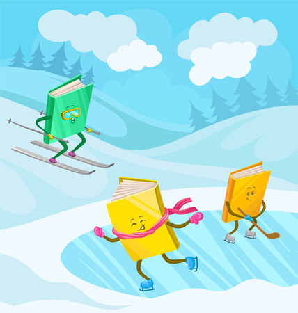 Humanized books characters with smiling faces skiing, skating and playing ice hockey in winter holidays vector illustration.のイラスト素材