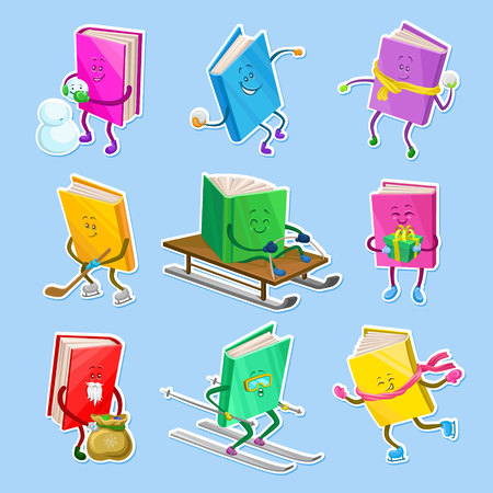 Humanized, childish books characters with smiling faces, book stickers in different poses and situations cartoon vector Illustrations on ligt blue backgroundのイラスト素材