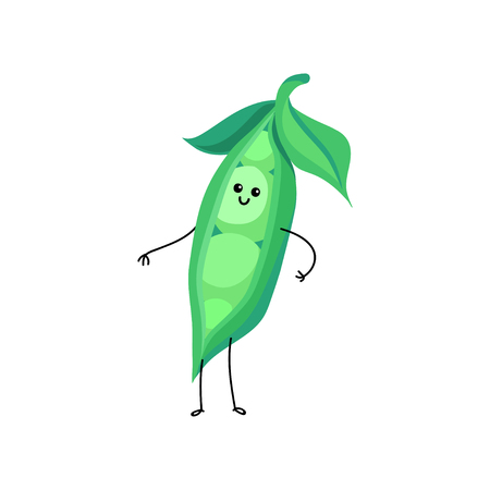 Funny smiling pod of green peas cartoon character vector Illustrationのイラスト素材