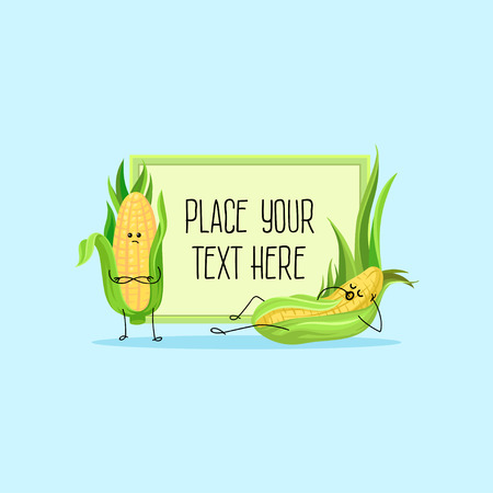 Cute funny corncobs cartoon characters hoding banner with space for your text vector Illustrationのイラスト素材