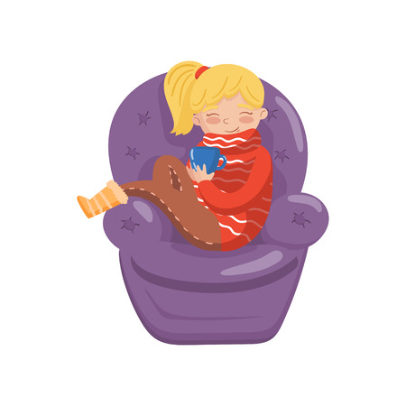 Beautiful blonde girl in warm sweater sitting on purple armchair with cup of tea cartoon vector Illustration on a white backgroundのイラスト素材