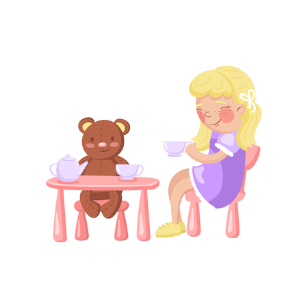 Little girl playing with her toy bear at tea party, beautiful blonde girl drinking tea with it cartoon vector Illustration on a white backgroundのイラスト素材