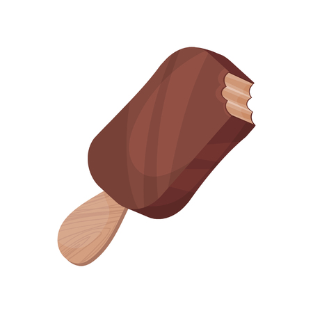 Chocolate ice cream on wooden stick, eskimo pie cartoon vector Illustration on a white backgroundのイラスト素材