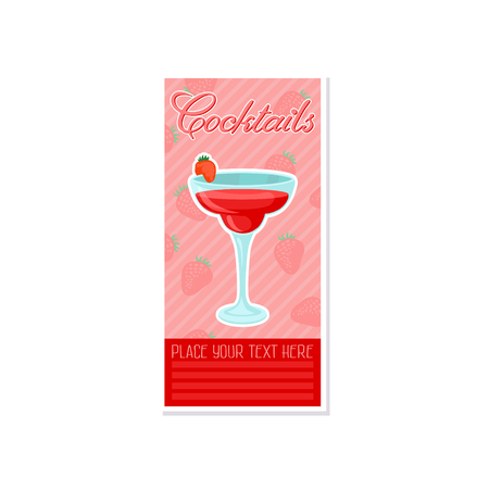 Strawberry cocktail in glass banner, summer drink, cocktail party celebration flyer, invitation or card vector Illustrationのイラスト素材