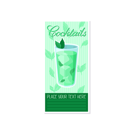Green cocktail with ice and mint banner, summer drink, cocktail party celebration flyer, invitation or card vector Illustrationのイラスト素材