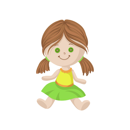 Cute soft doll with brown hair and button eyes sitting on the floor, sewing toy cartoon vector Illustrationのイラスト素材