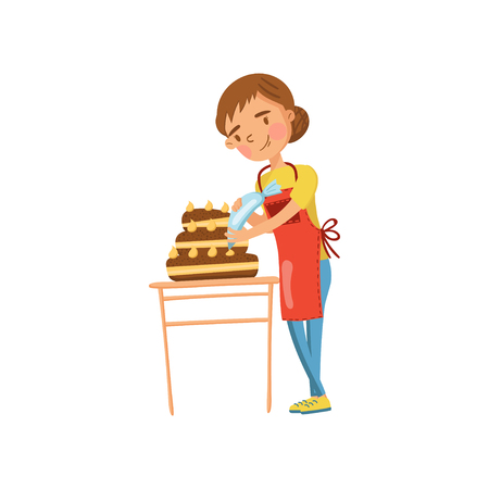 Young woman in casual clothing and apron making a cake, housewife in housework activity cartoon vector Illustration on a white backgroundのイラスト素材