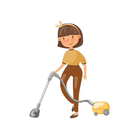 Young woman in casual clothing cleaning the floor with vacuum cleaner, housewife in housework activity cartoon vector Illustrationのイラスト素材