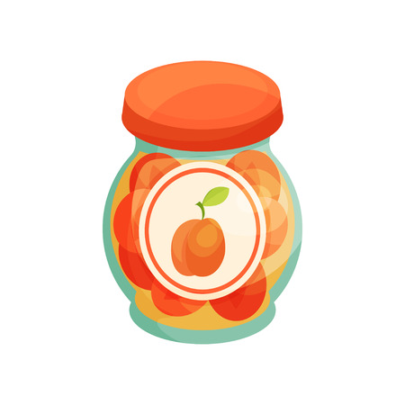 Peach jam in glass jar with lid, homemade fruit jam jar cartoon vector Illustrationのイラスト素材