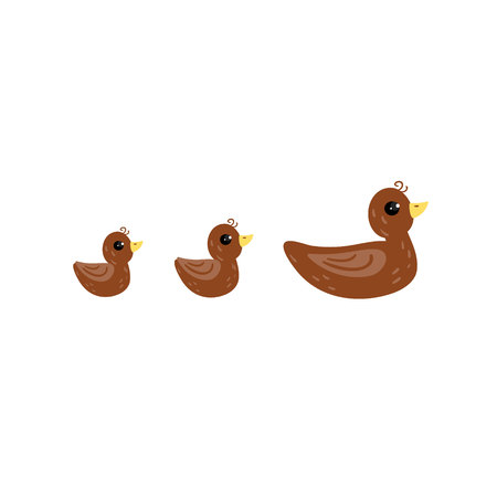 Brown duck and her ducklings cartoon vector Illustration on a white backgroundのイラスト素材