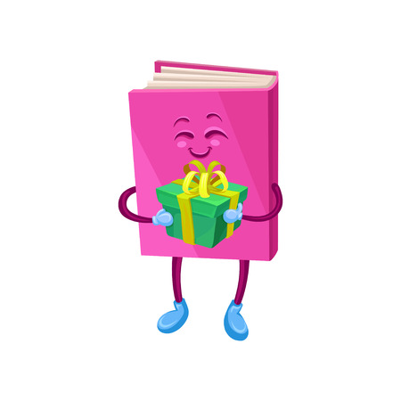 Funny humanized pink book character holding gift box. Cartoon vector Illustration on a white background.のイラスト素材