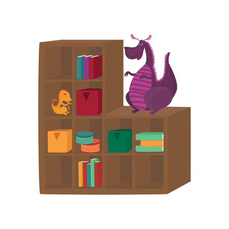 Colorful boxes, books and dragon toys on cabinet shelves cartoon vector Illustrationのイラスト素材