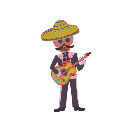 Skeleton in the Mexican national costume playing guitar, Dia de Muertos cartoon vector Illustrationのイラスト素材