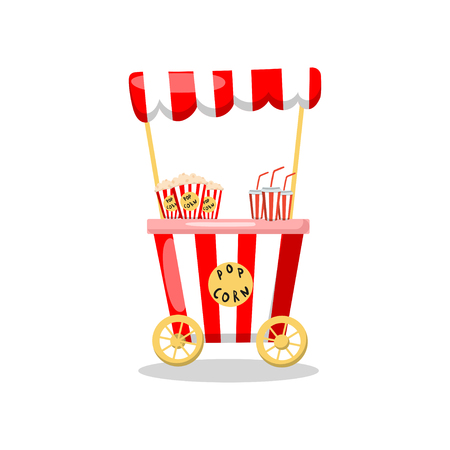 Popcorn cart on wheels, food kiosk cartoon vector Illustration on a white backgroundのイラスト素材